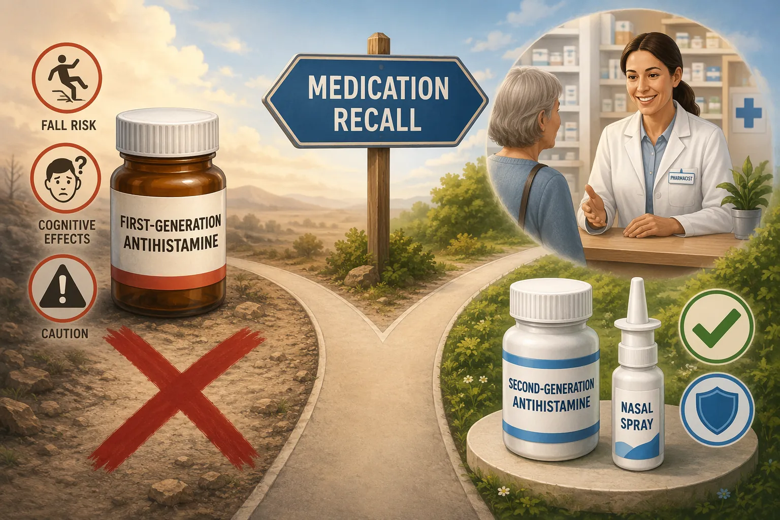 Illustration comparing first-generation antihistamine risks with pharmacist-guided alternatives
