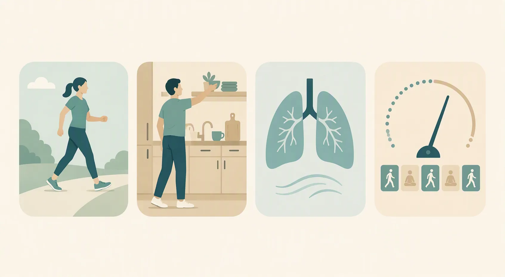 Illustration of physical therapy, occupational therapy, pulmonary rehabilitation, and energy pacing icons