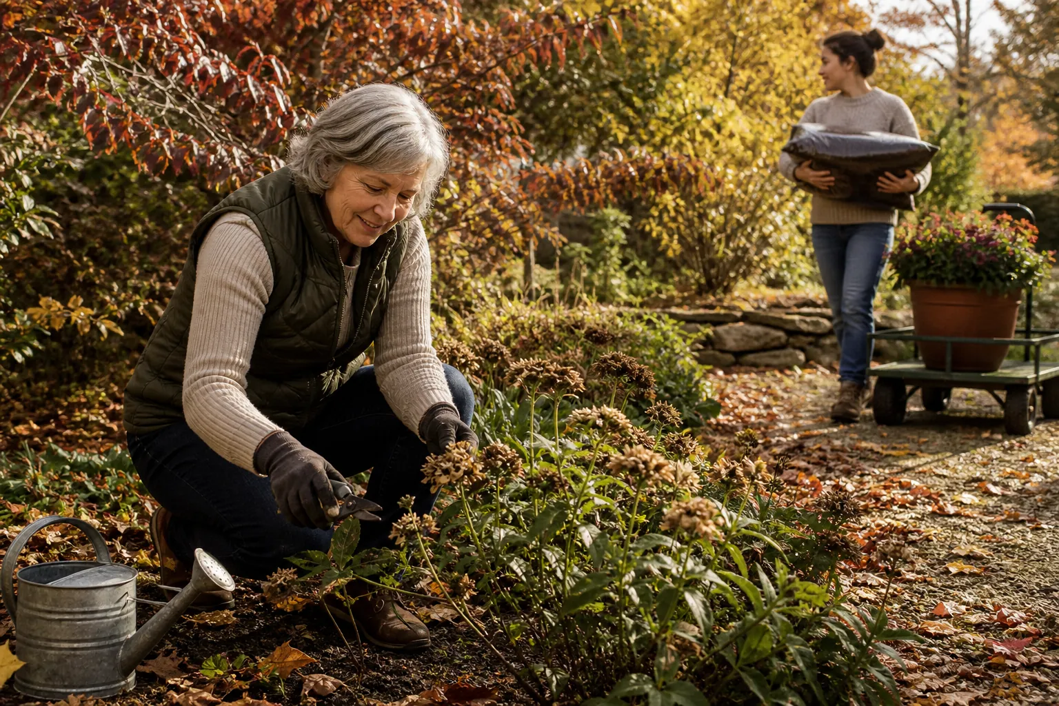 Older woman deadheading flowers while a younger adult carries a heavy bag of garden soil nearby