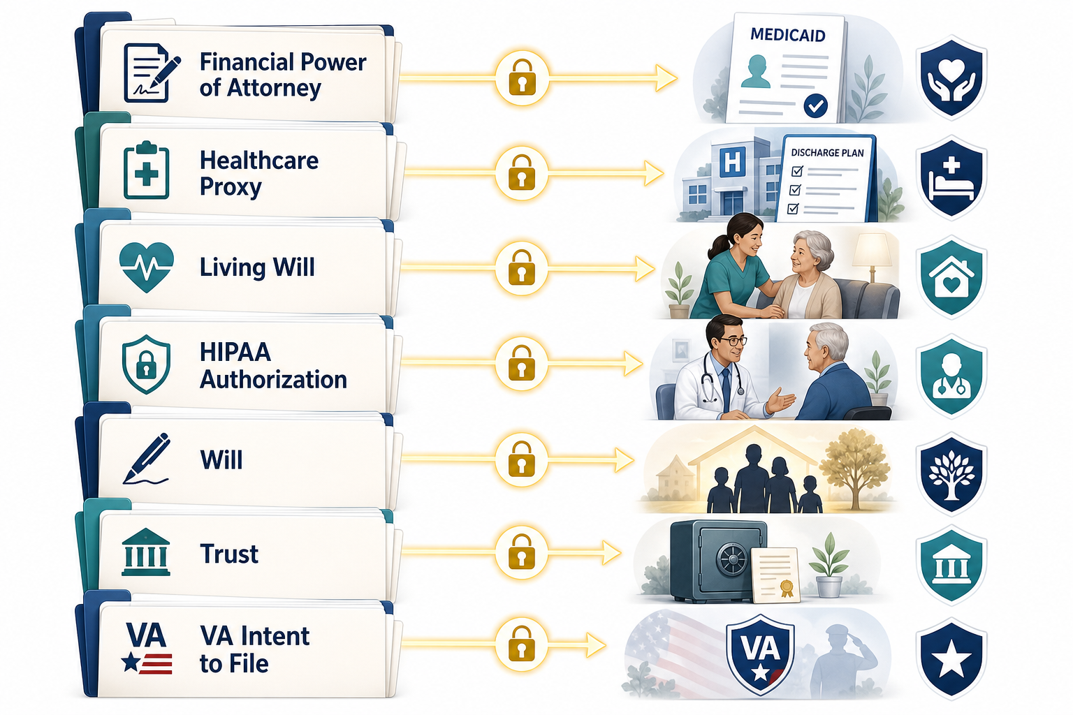 An editorial illustration showing 7 labeled document folders on the left — Financial Power of Attorney, Healthcare Proxy, Living Will, HIPAA Authorization, Will, Trust, and VA Intent to File — each with arrows leading to corresponding care access icons on the right including a Medicaid benefits document, hospital discharge plan, home care scene, doctor consultation, and VA benefits shield.