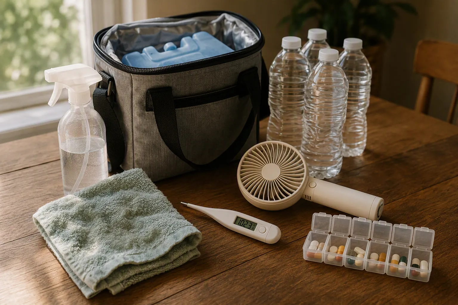 Caregiver supplies on a table including a thermometer, damp washcloth, spray bottle, handheld fan, water bottles, cooler bag, ice pack, and pill organizer