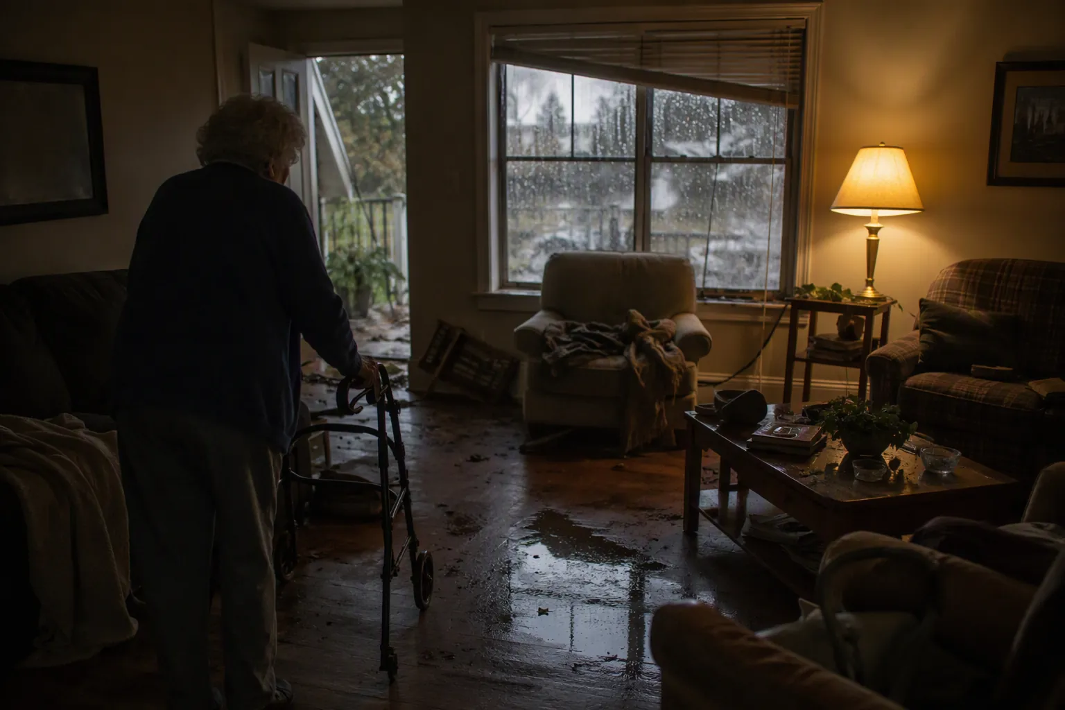 Elderly person standing near a walker in a dim post-hurricane living room with a damp floor spot and flashlight nearby