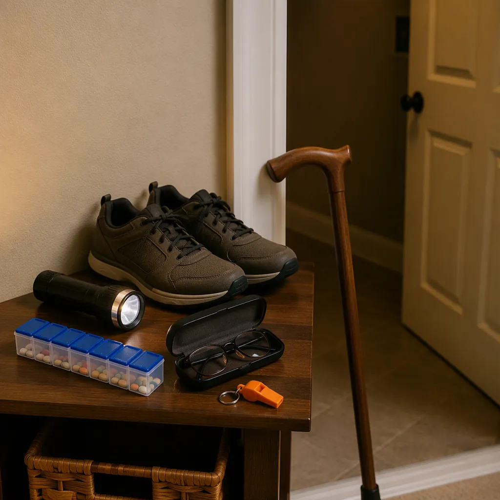 Pill organizer, flashlight, non-slip shoes, glasses, cane, and whistle pre-positioned near an interior shelter doorway