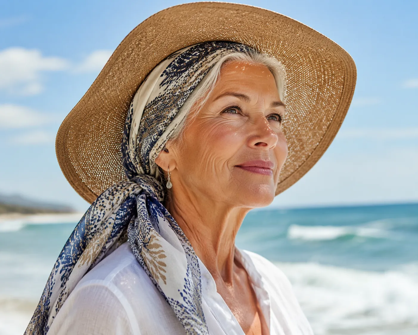 Older woman with fine silver hair wearing a lightweight patterned scarf headwrap and wide-brimmed sun hat at the beach
