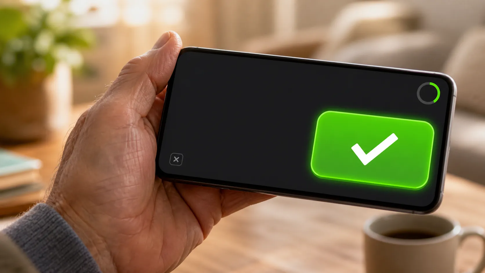 Older adult holding a smartphone with one large bright button, a tiny gray alternative, and a countdown cue