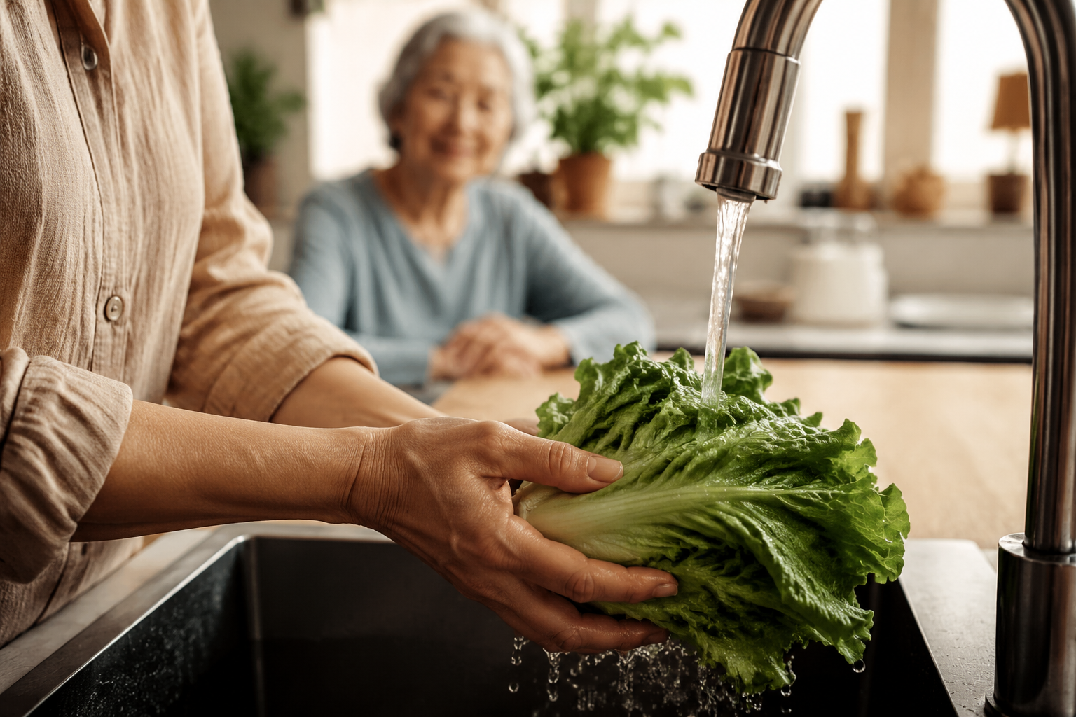Caregiver washing a whole head of green lettuce under a kitchen faucet while an older woman sits in the background