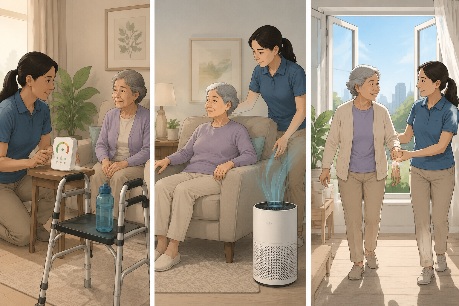 Three-panel illustration of a caregiver preparing before, assisting during, and supporting recovery after an air quality alert