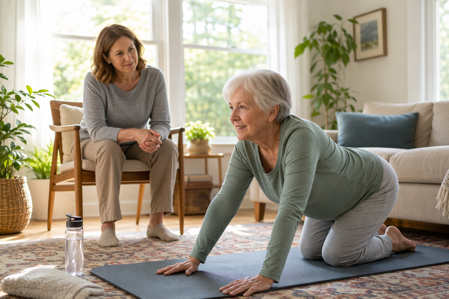Older adult doing gentle indoor mobility exercises while a caregiver watches nearby
