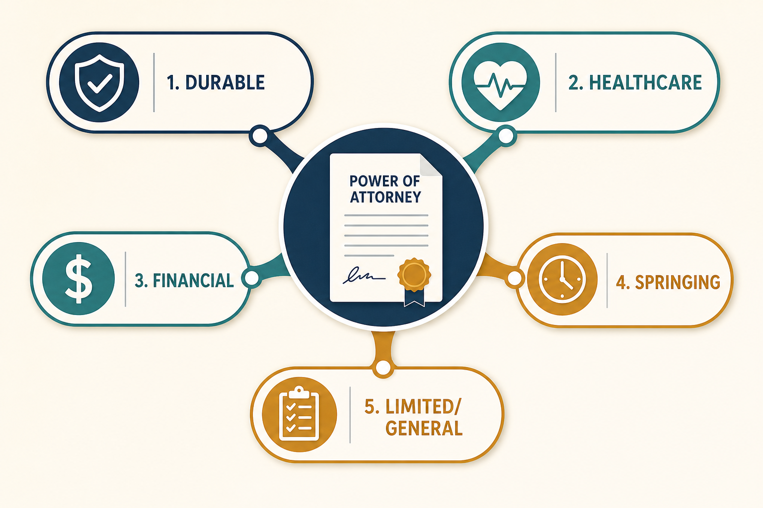 Diagram showing five types of Power of Attorney radiating from a central document icon: Durable, Healthcare, Financial, Springing, and Limited/General.