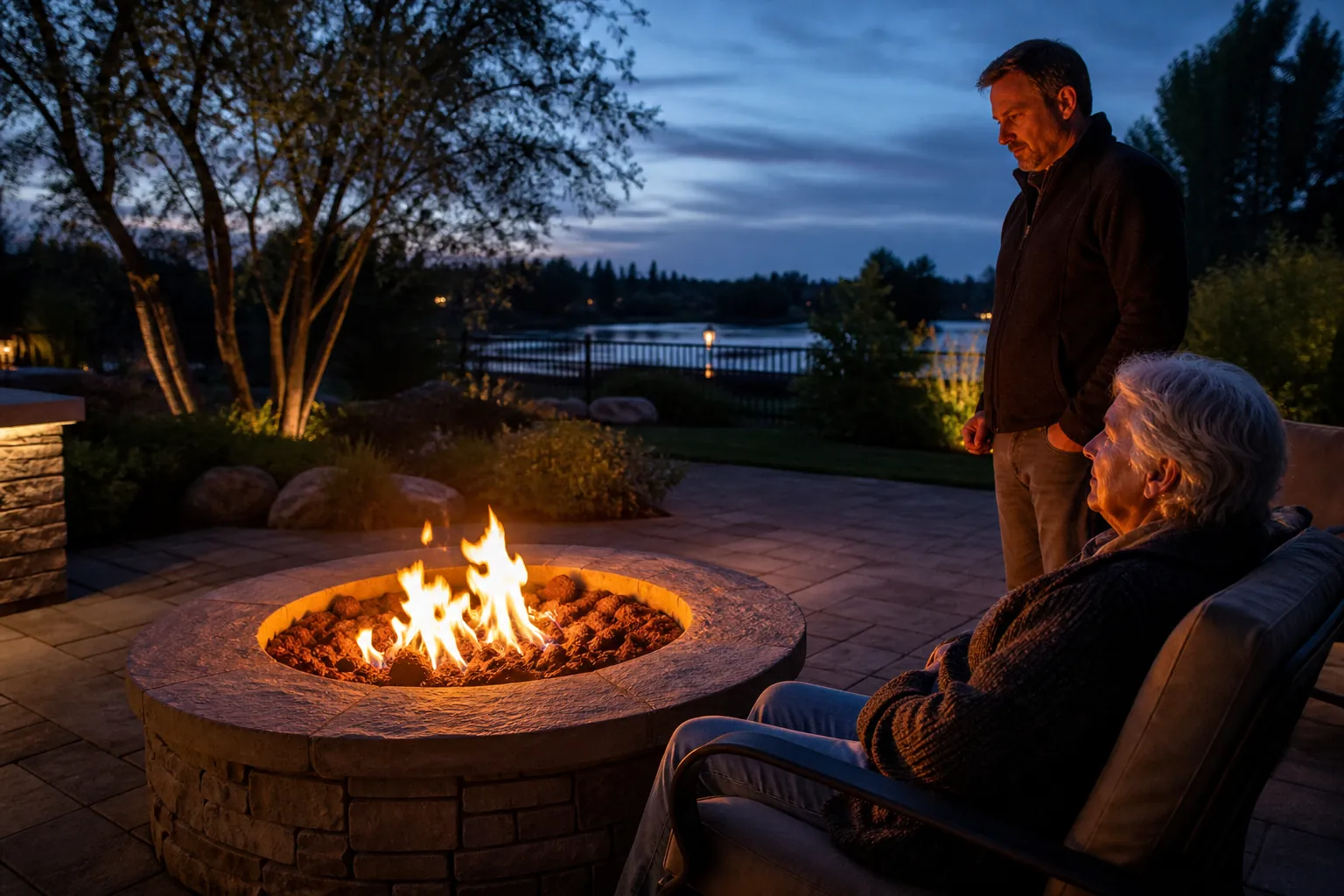 Older adult seated near a modest backyard fire pit at dusk while a caregiver watches attentively