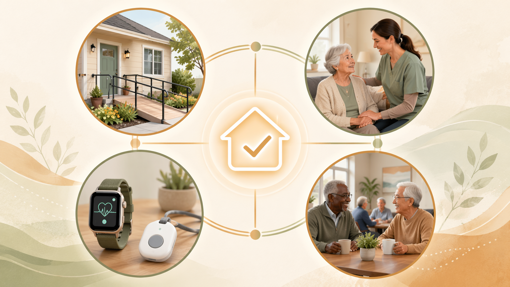 Conceptual illustration with four interconnected circular icons representing home modifications, in-home care, monitoring technology, and community-based services, with a glowing house icon in the center.