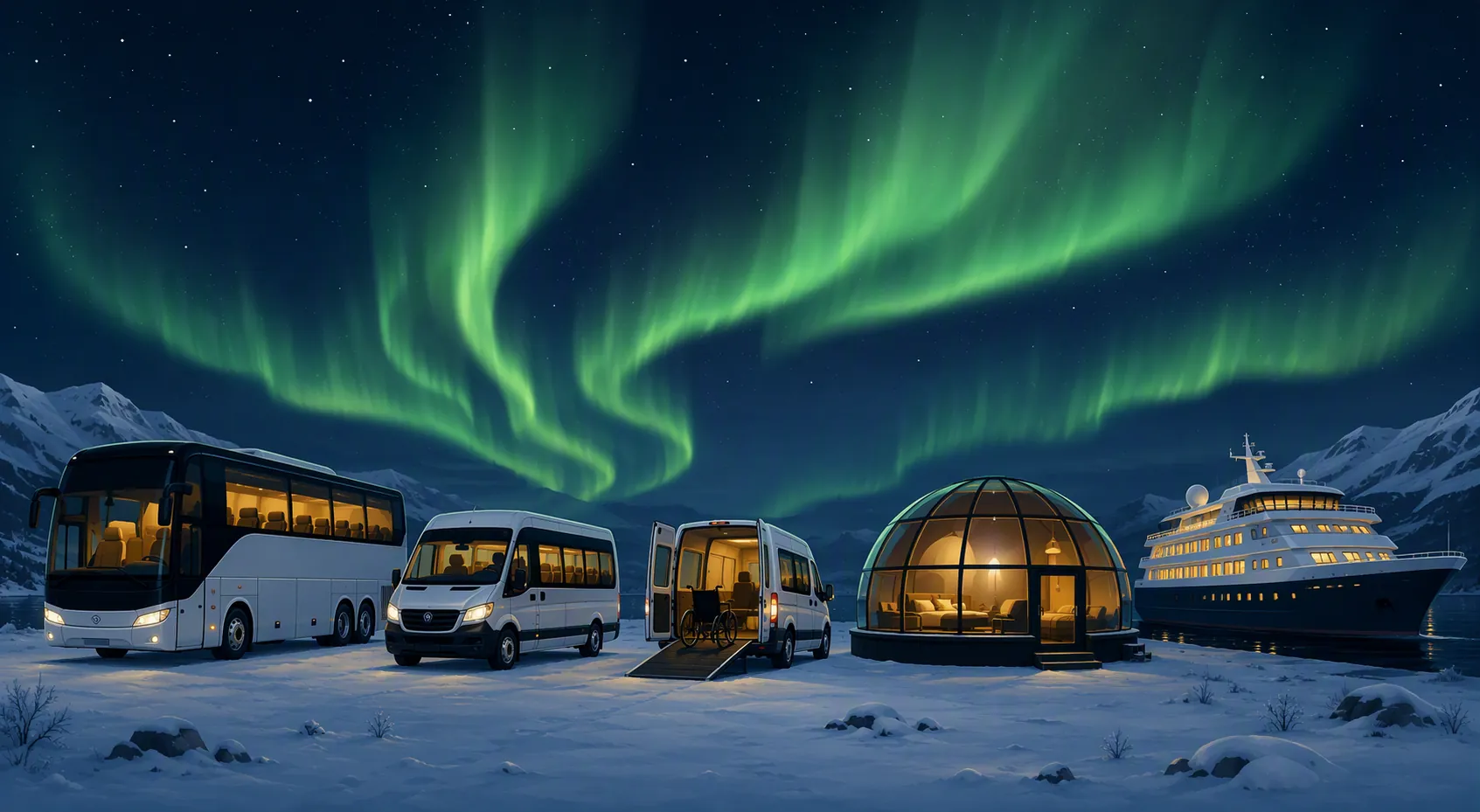 Illustration of coach, minibus, accessible van, glass-dome lodge, and cruise ship under northern lights
