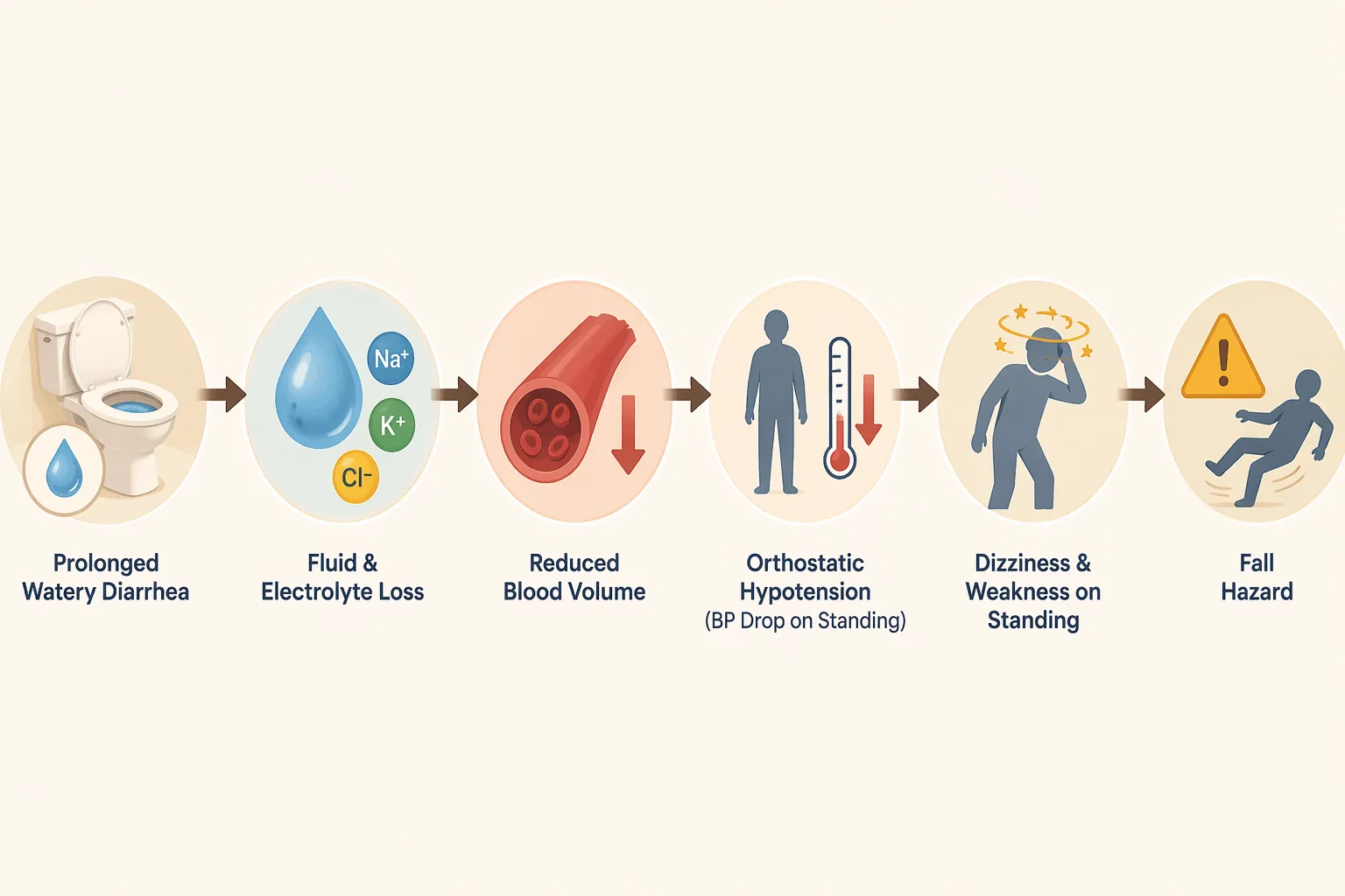 Flow diagram showing prolonged watery diarrhea leading to dehydration, orthostatic hypotension, dizziness, weakness, and fall risk