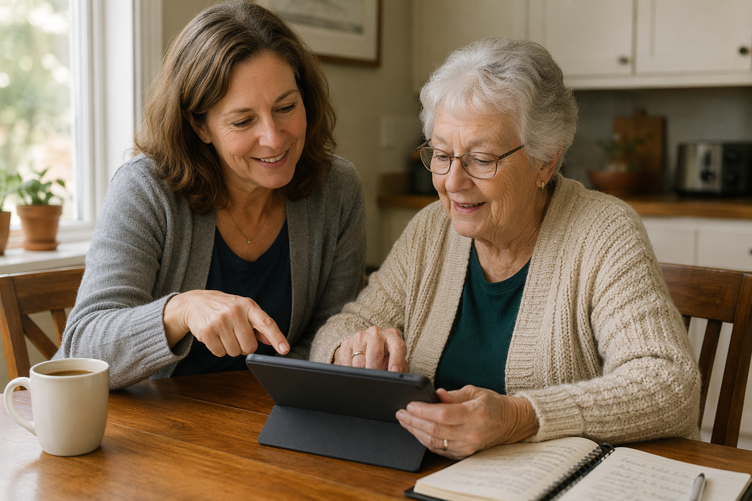 An adult child in their 40s gently points at a tablet screen while their older parent in their 70s touches the screen with their hand, sitting together at a sunlit kitchen table with a coffee mug and a handwritten notebook.