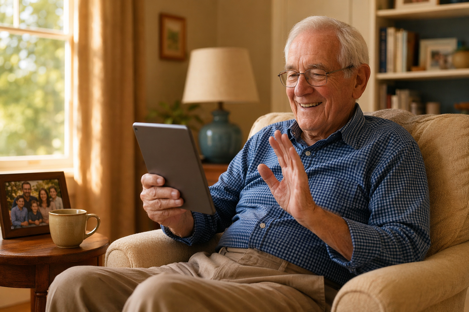 An older man in a cozy armchair smiles while on a video call on a tablet, with a coffee cup and framed family photo nearby.