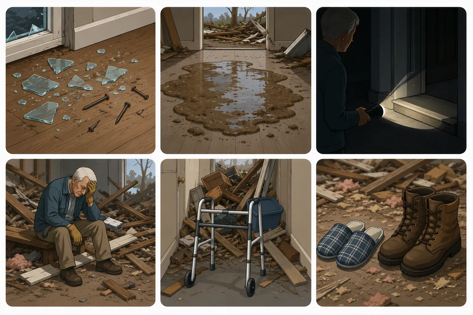 Six-panel illustration of tornado cleanup fall hazards including debris, wet flooring, darkness, fatigue, blocked walker access, and unsafe footwear