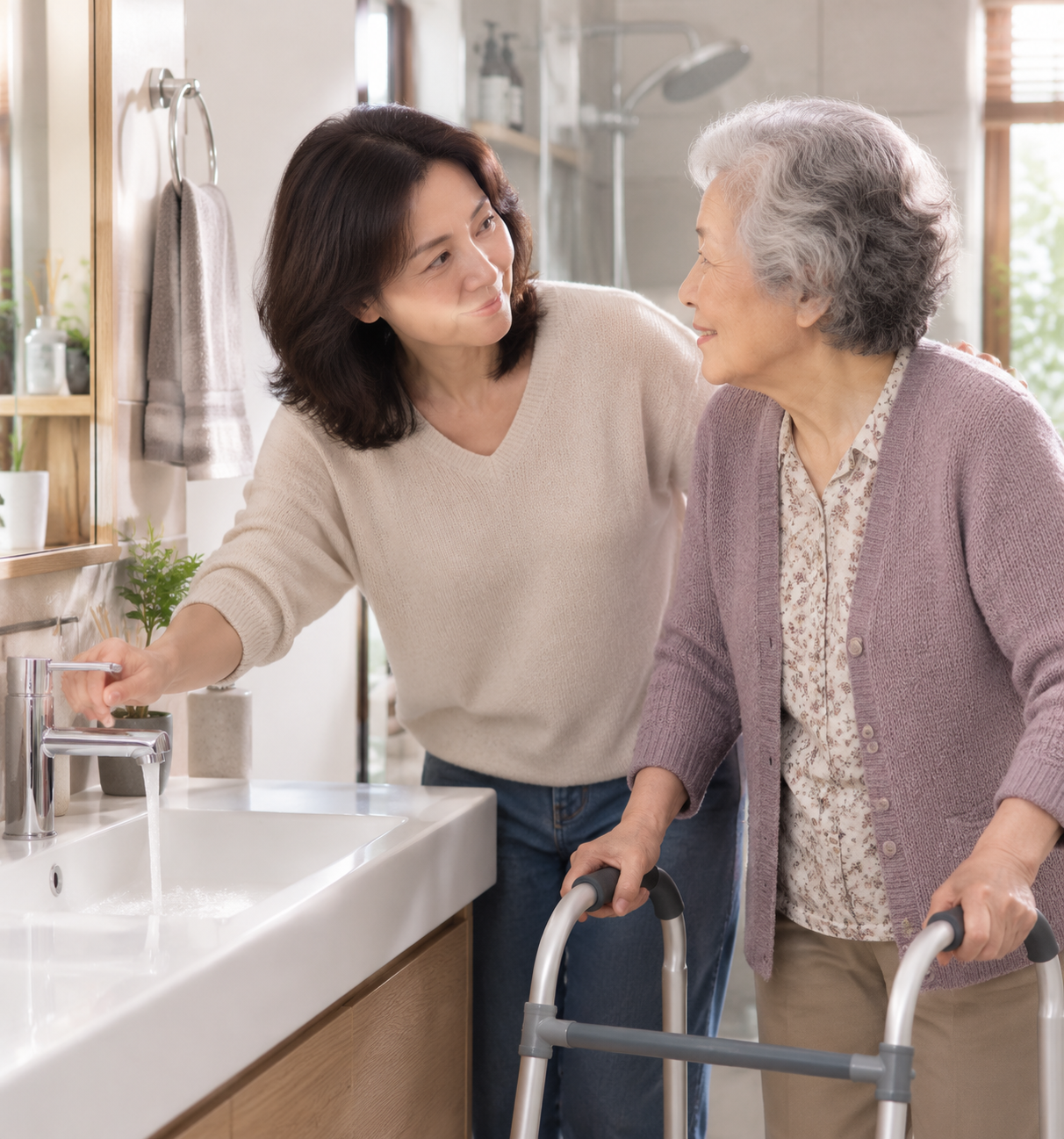 Adult child standing beside an aging parent in a home bathroom with a hand on the faucet
