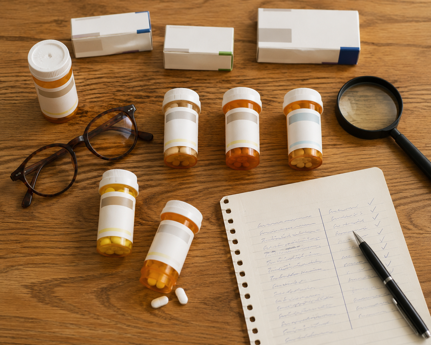 Medication bottles and boxes arranged on a table for label inspection
