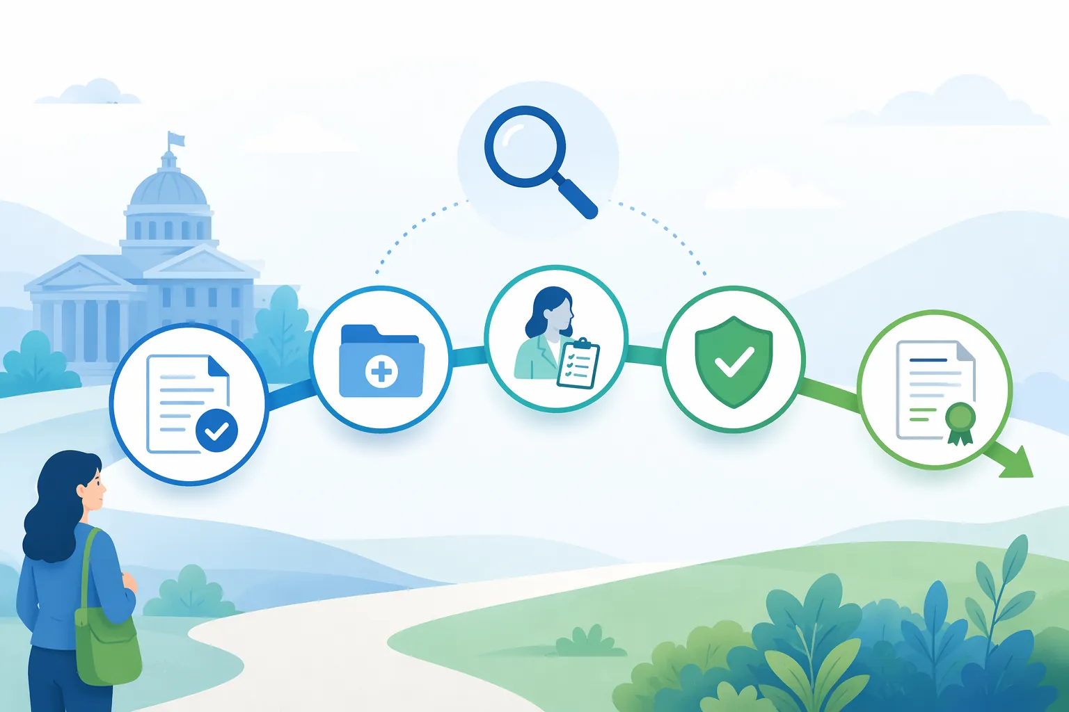 Illustration of a benefits claim process pathway with status points and a magnifying glass