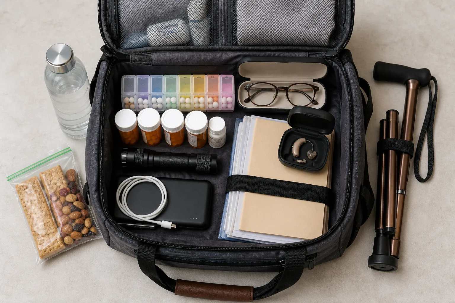 Senior evacuation go-bag with pill organizer, prescription bottles, glasses, hearing aid case, charger, documents, water, snacks, flashlight, and cane