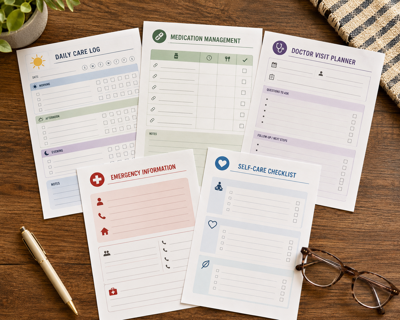 Printable caregiver checklist sheets fanned out on a table with reading glasses