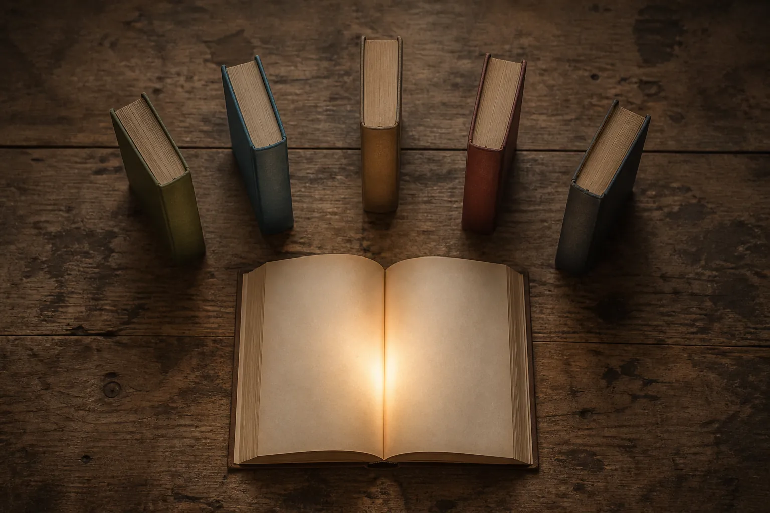 Five closed books arranged around one open book on a worn wooden table