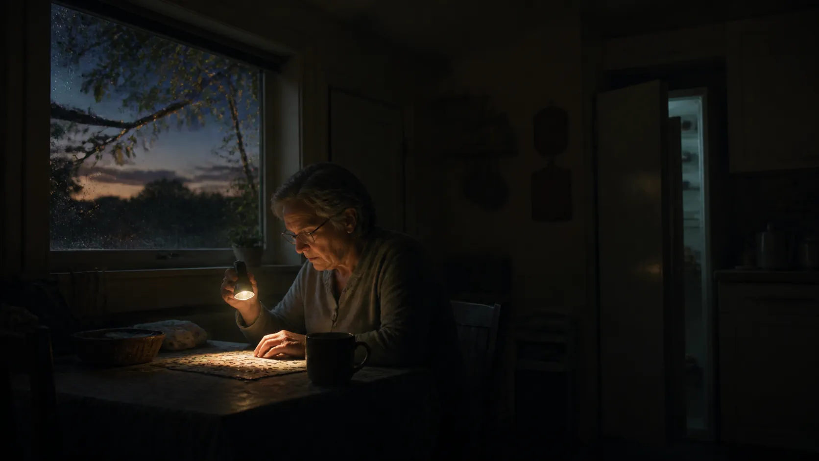 Older adult in a dim kitchen after a storm with a flashlight on the table and a refrigerator in the background
