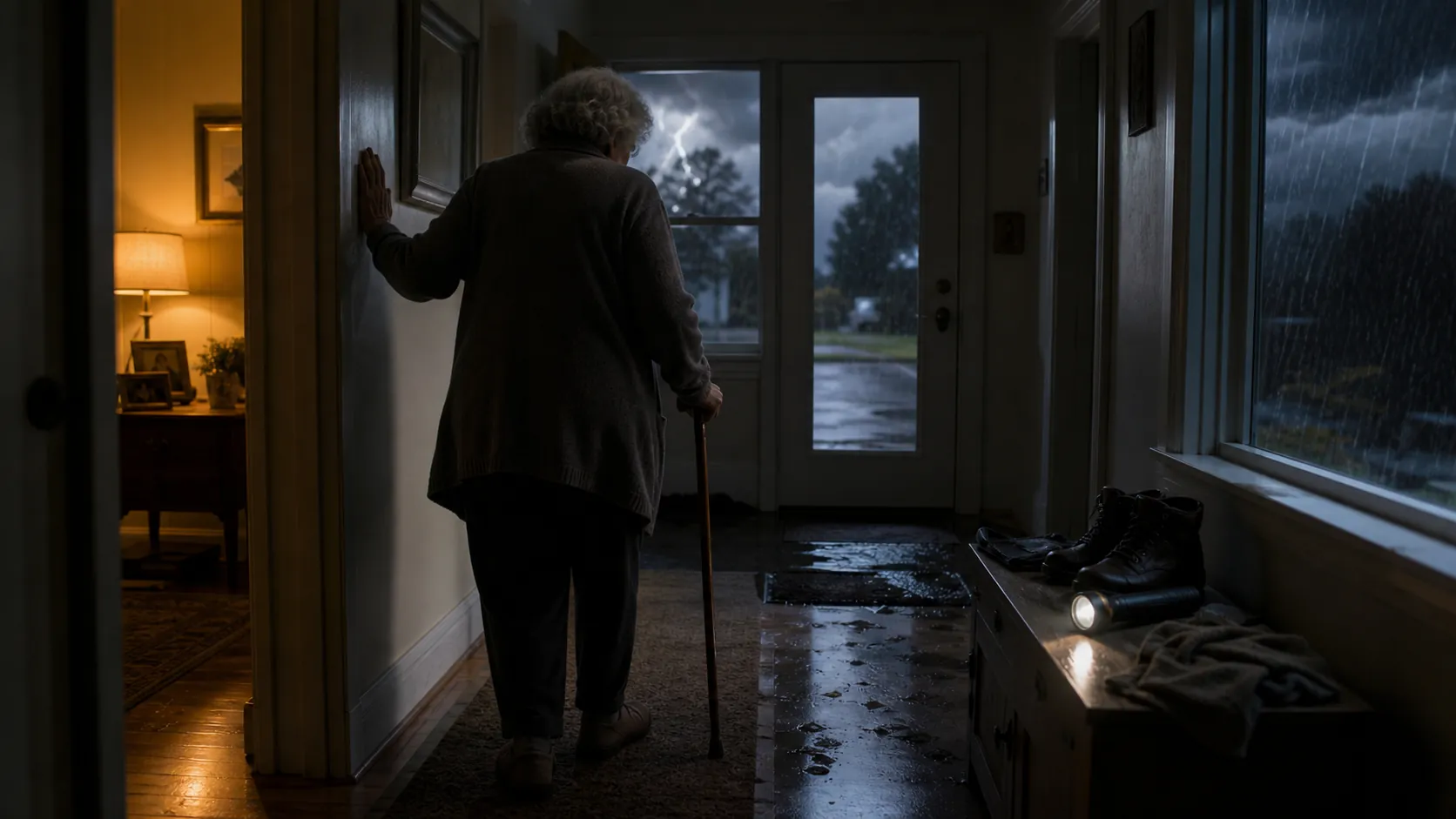 Older adult walking with a cane through a dim hallway during a storm, with a wet entryway and flashlight near the front door