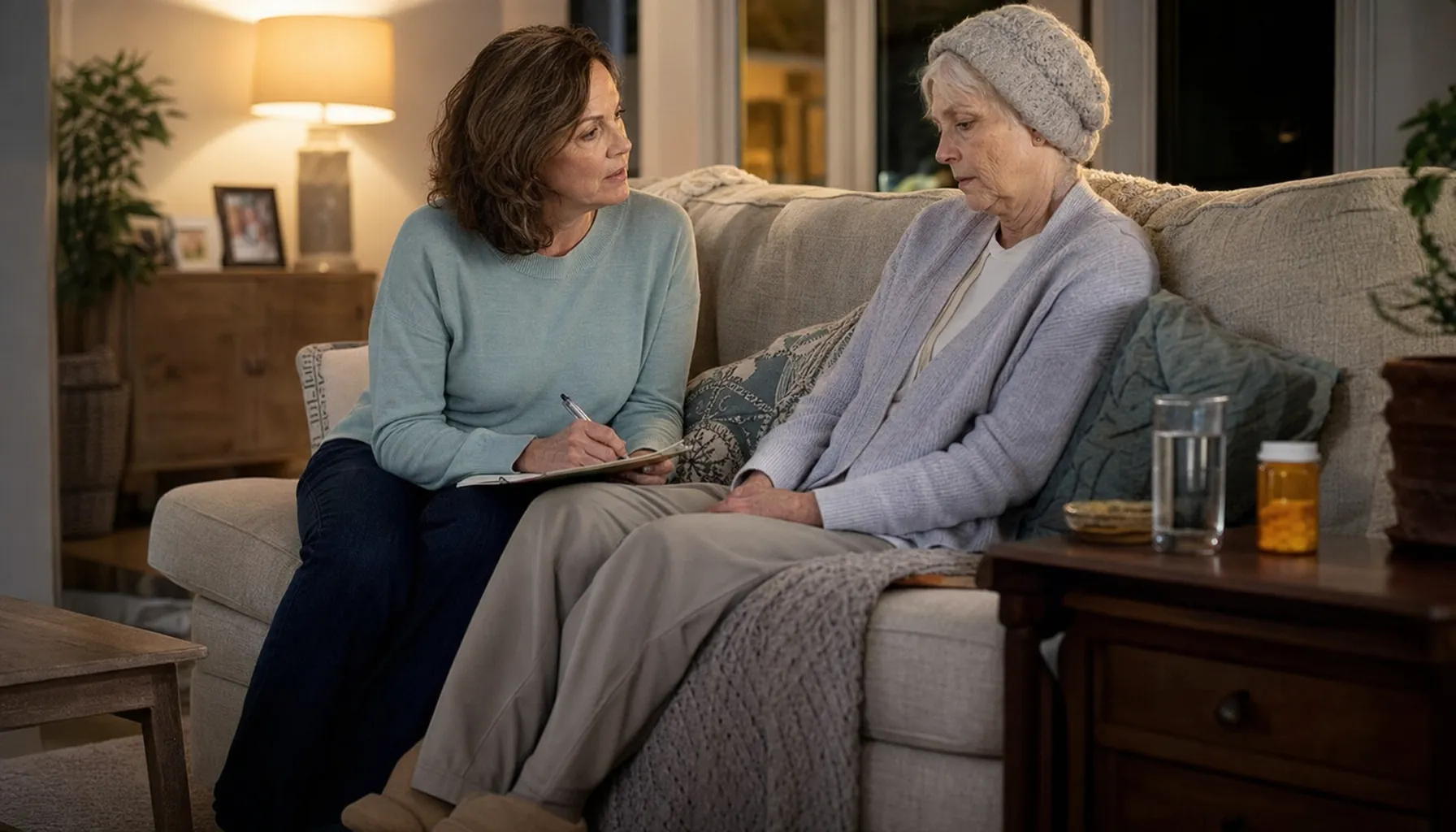 Adult daughter coordinating care beside her fatigued elderly mother at home with medication and water nearby