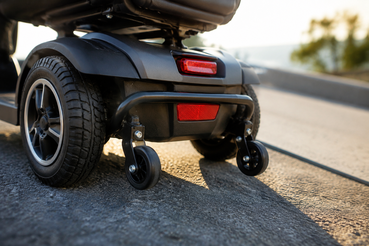 Rear anti-tip wheels, reflector, and brake light on a mobility scooter parked on a slight outdoor slope