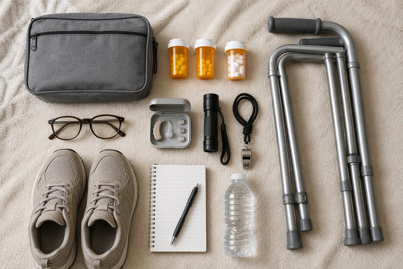 Flat-lay of bedside emergency kit contents with medication bottles, folded cane, glasses, hearing aid batteries, flashlight, whistle, shoes, notepad, pen, and water