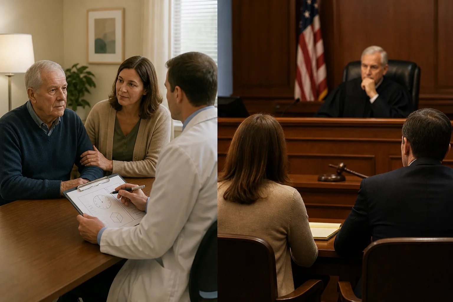 Split scene contrasting a doctor evaluating decision-making capacity and a courtroom deciding legal authority