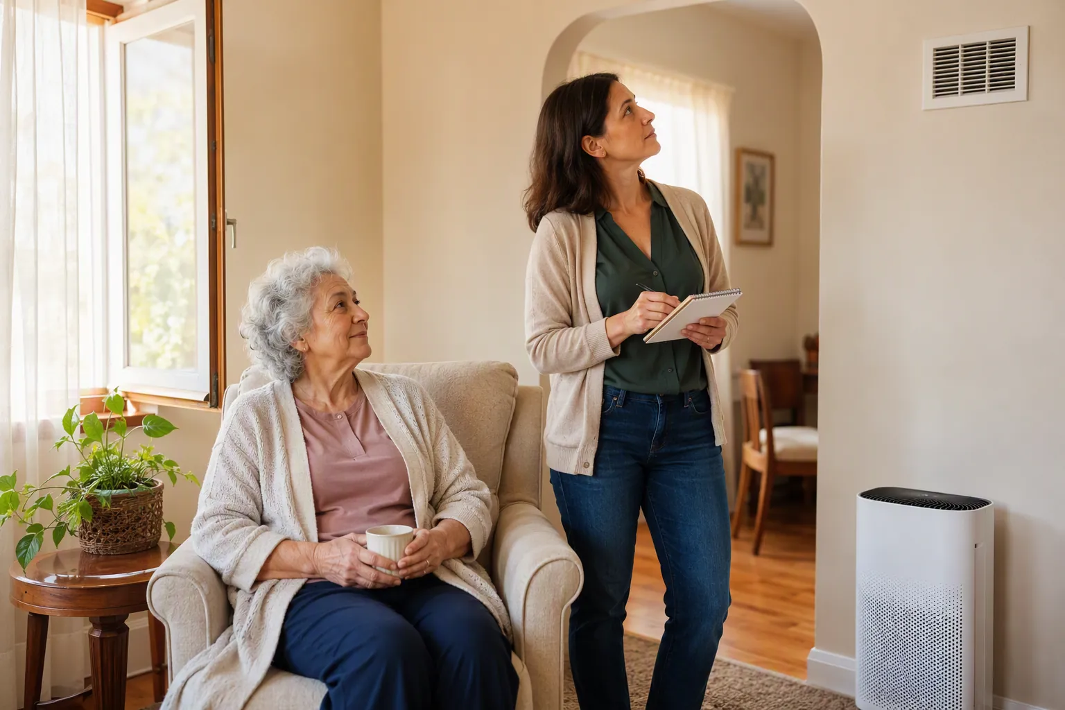 Older woman seated in a living room while an adult daughter checks a wall vent near a portable air purifier
