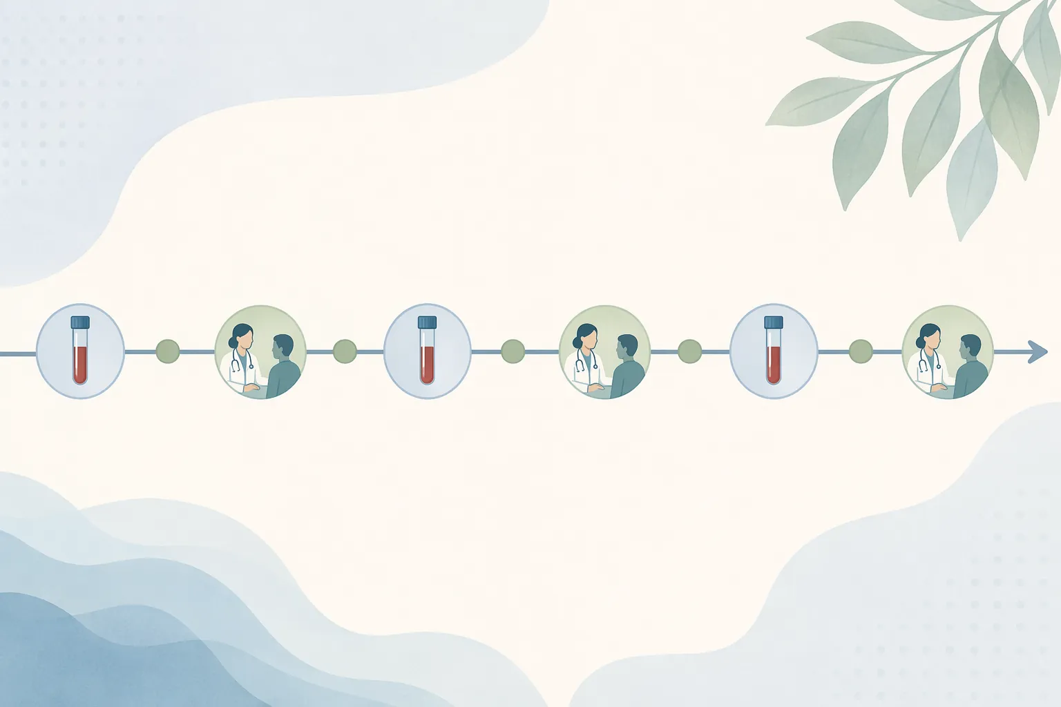 Monitoring timeline with blood tests and follow-up visits during testosterone therapy