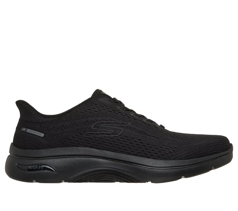 Black Skechers Arch Fit 2.0 walking shoe with a thick cushioned sole and supportive slip-on design