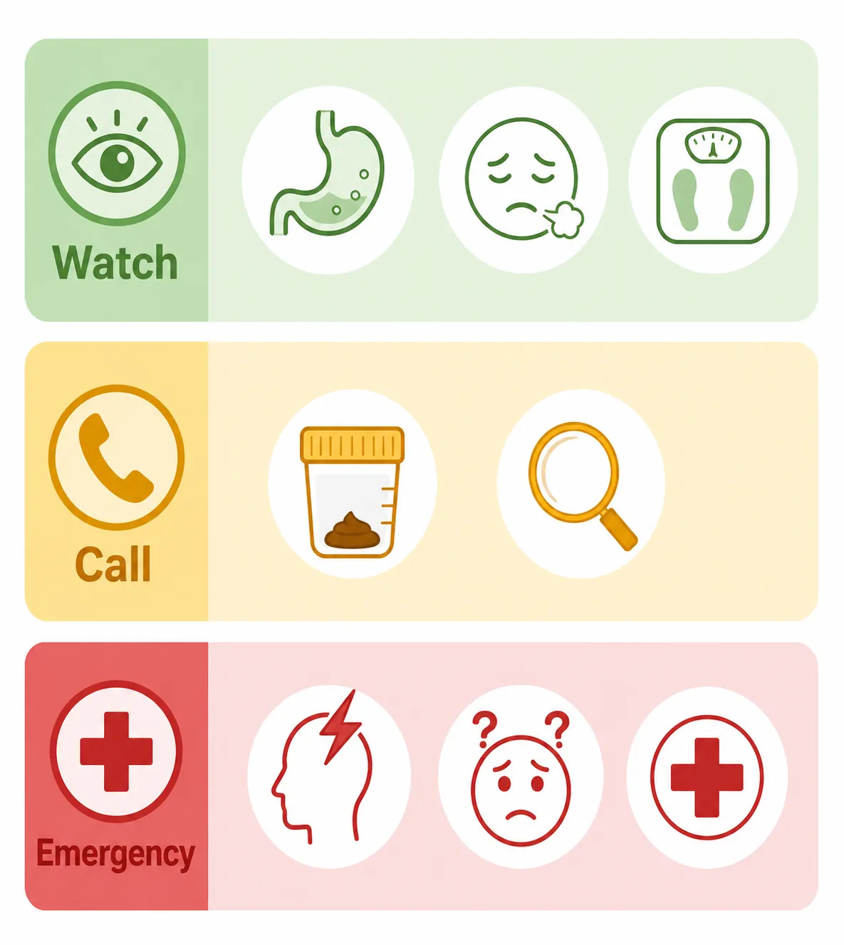 Infographic showing green, amber, and red escalation tiers for tapeworm symptom tracking, doctor call signs, and emergency symptoms