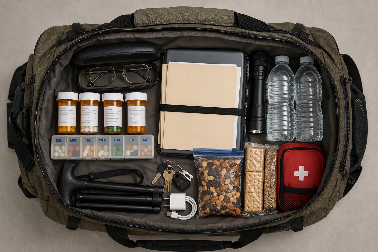 Open emergency duffel bag with prescription bottles, eyeglasses, documents, water, flashlight, cane, keys, and phone charger