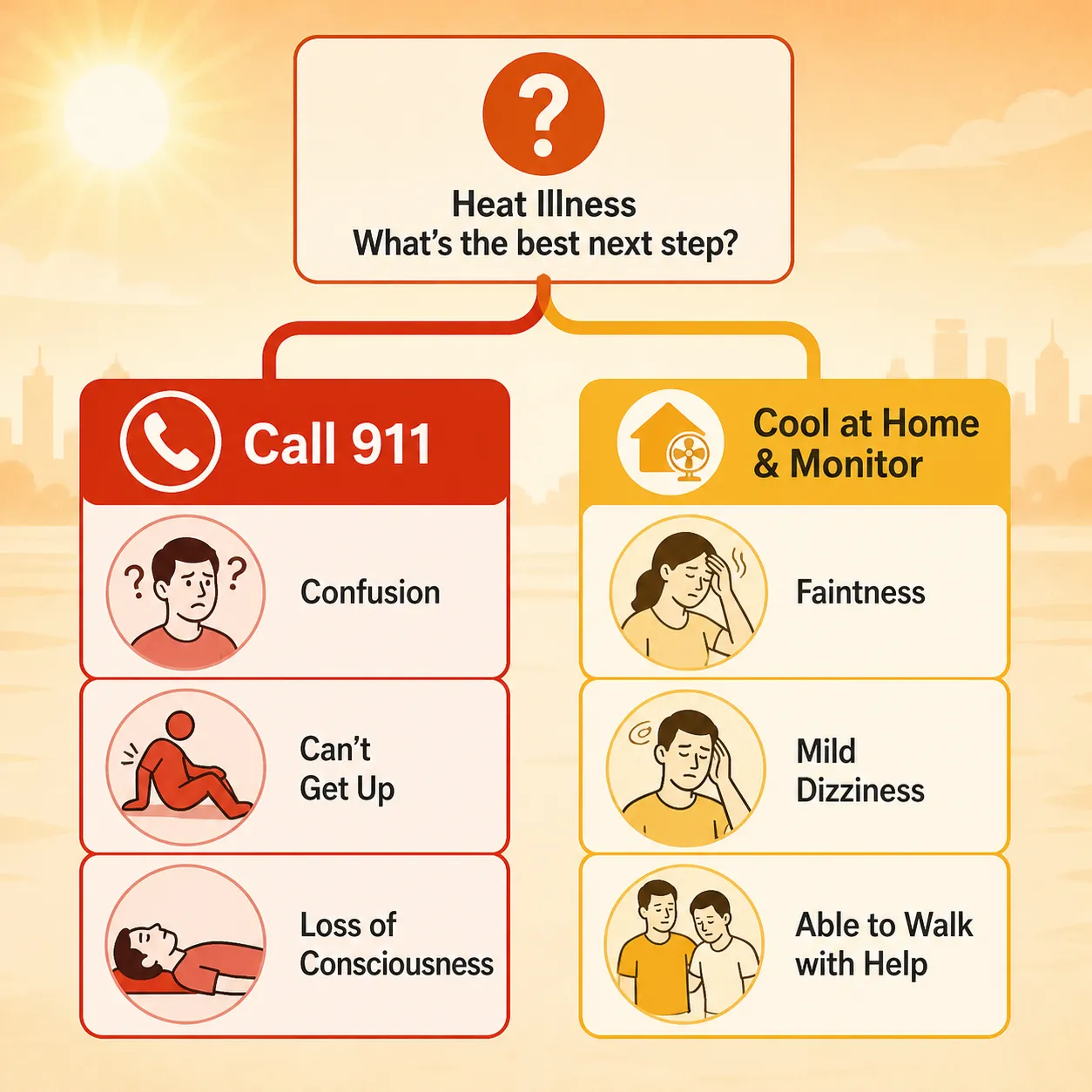 Decision tree showing when to call 911 versus cool at home and monitor during heat-related fall risk