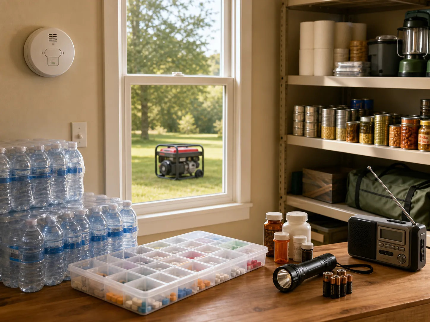 Home storm supply area with bottled water, canned food, medications, flashlight, weather radio, carbon monoxide detector, and an outdoor generator away from the house