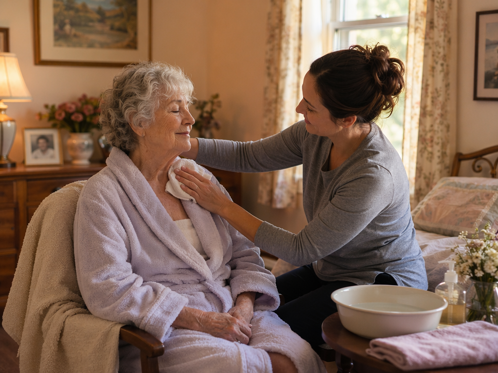 A warm, realistic illustration of a caregiver gently giving a sponge bath to an elderly person seated on a chair in a comfortable home setting. The caregiver uses a soft washcloth and a small basin of warm water on a side table. The elderly person wears a soft robe with a towel underneath.