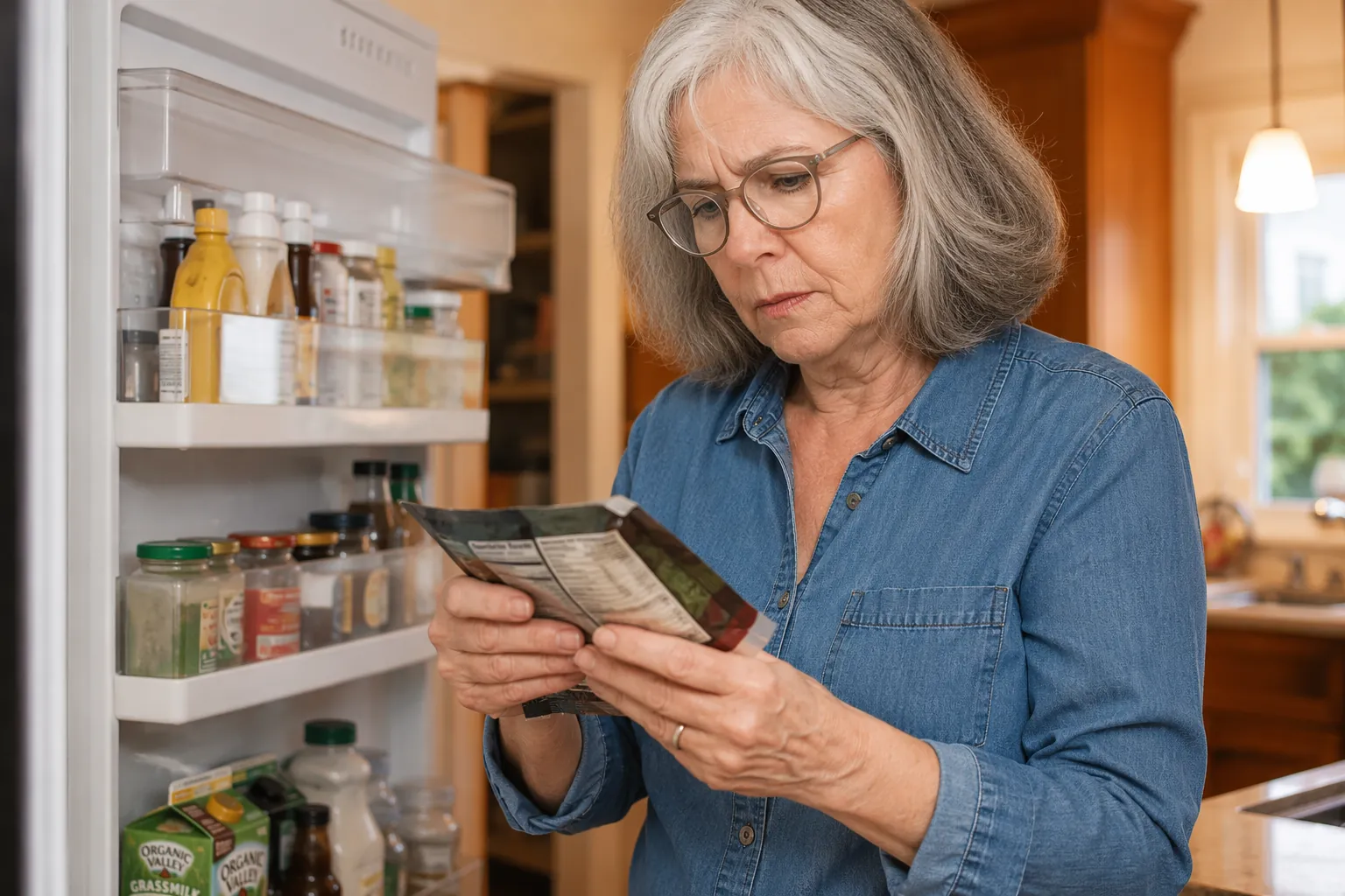 Older adult woman checking a packaged food item near an open refrigerator