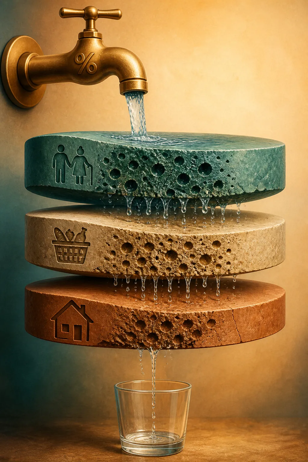 Illustration of a stream being reduced by layers before reaching a glass
