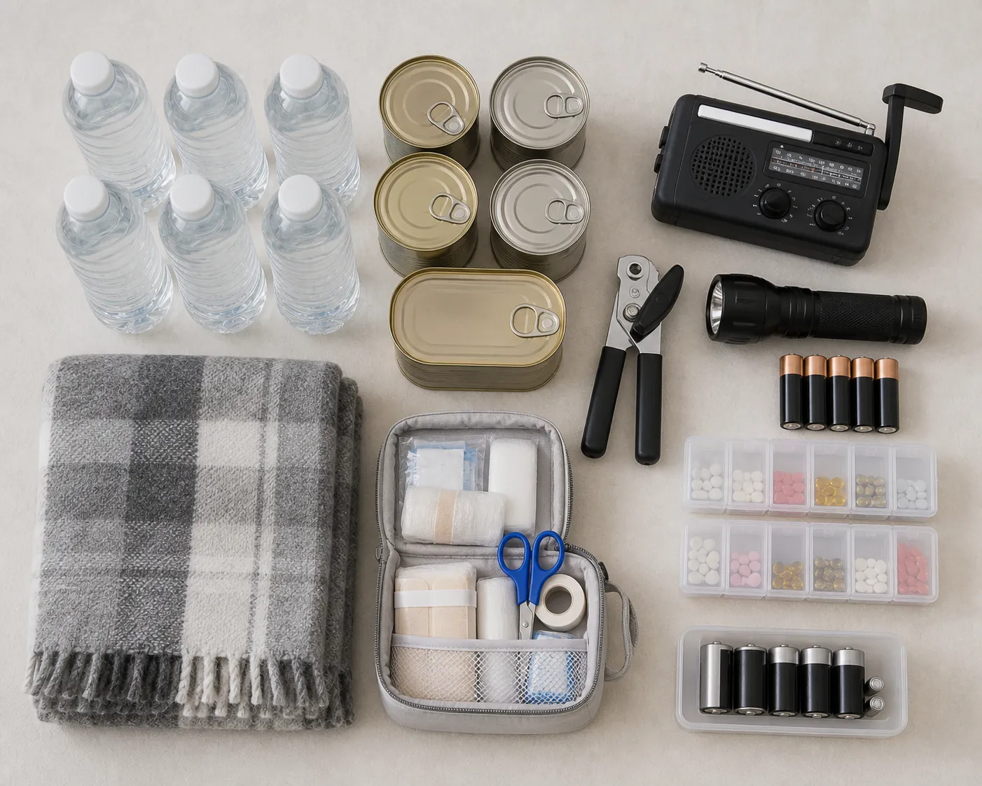 Flat lay of a 72-hour emergency kit for an older adult with water, canned food, flashlight, radio, medications, batteries, first-aid kit, and blanket