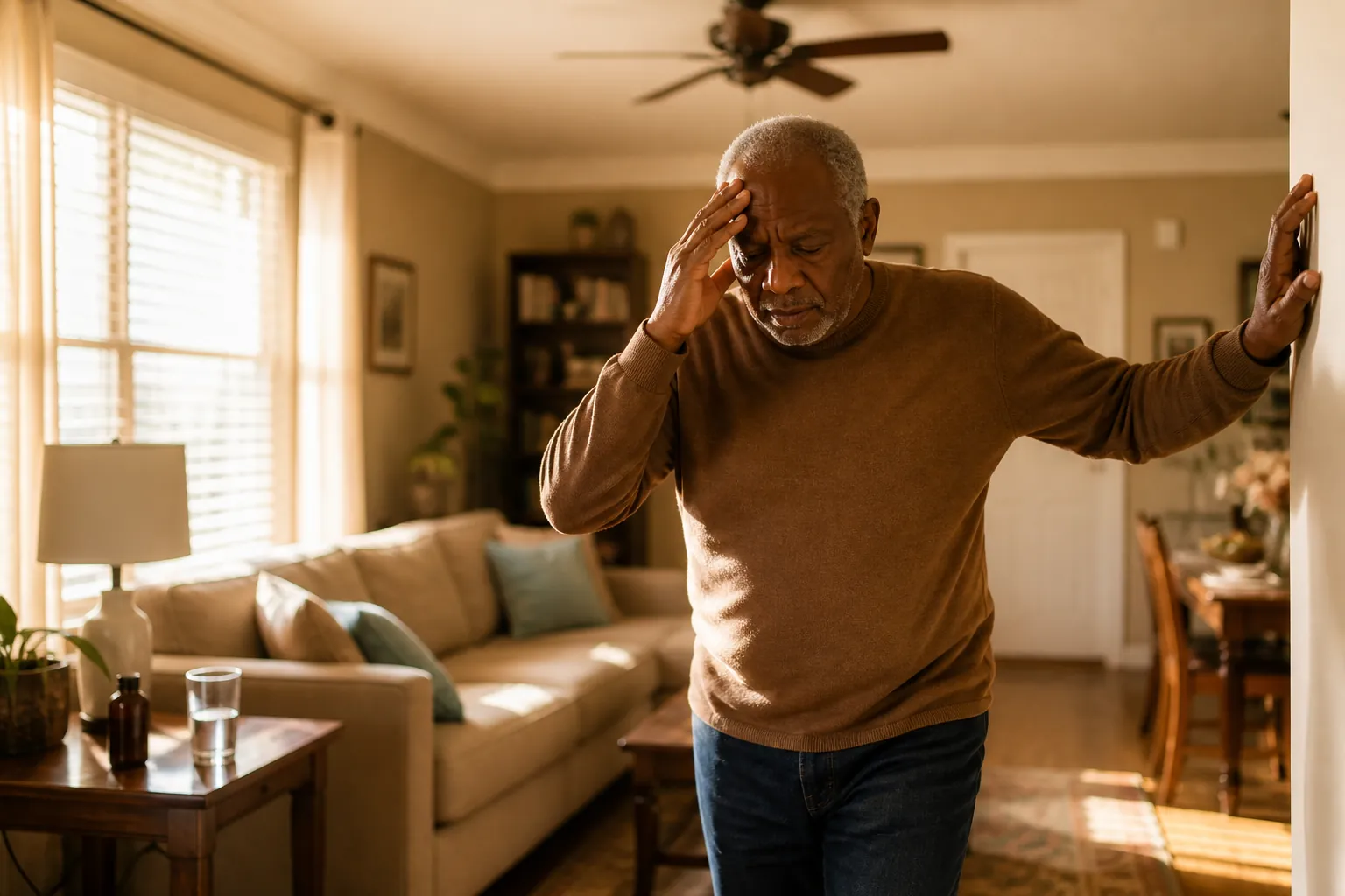 Older adult standing in a warm sunlit living room with one hand on the wall for balance