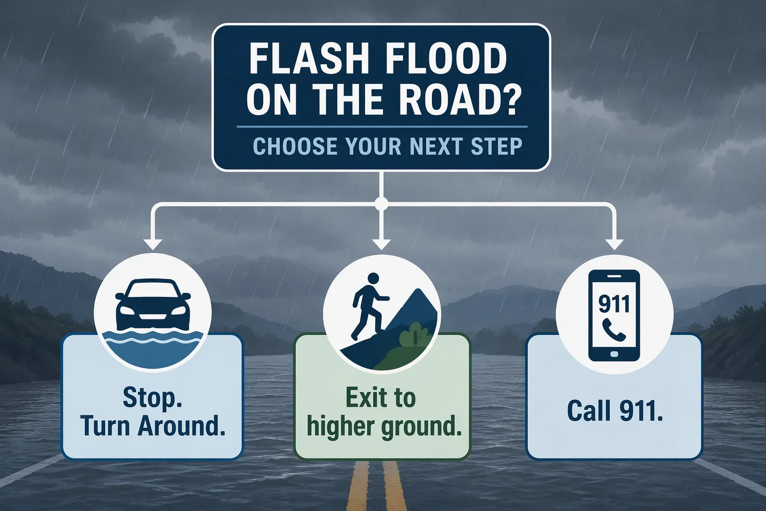 Decision workflow diagram showing stop and turn around, exit to higher ground, or call 911 during a flood road closure