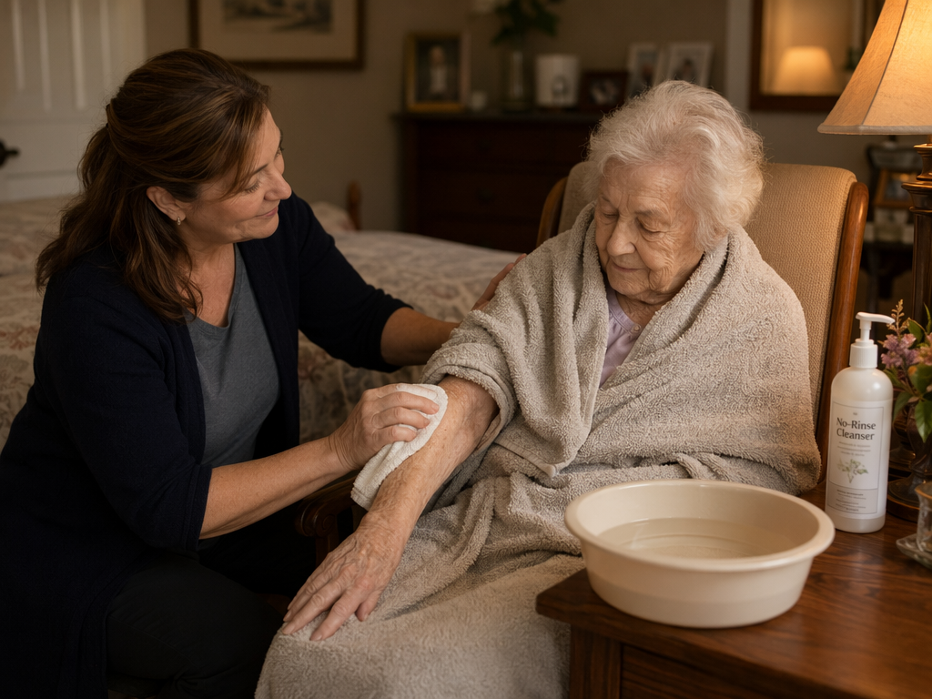 A caregiver gently cleans an elderly parent's arm with a warm washcloth during a sponge bath in a home bedroom. The senior is seated on a padded chair wrapped in a towel. A basin of warm water and a no-rinse cleanser bottle sit on a nightstand.