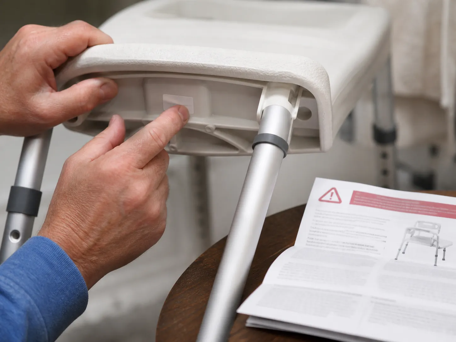 Hands inspecting the underside edge of a shower chair and comparing a small model-number label with a printed recall notice