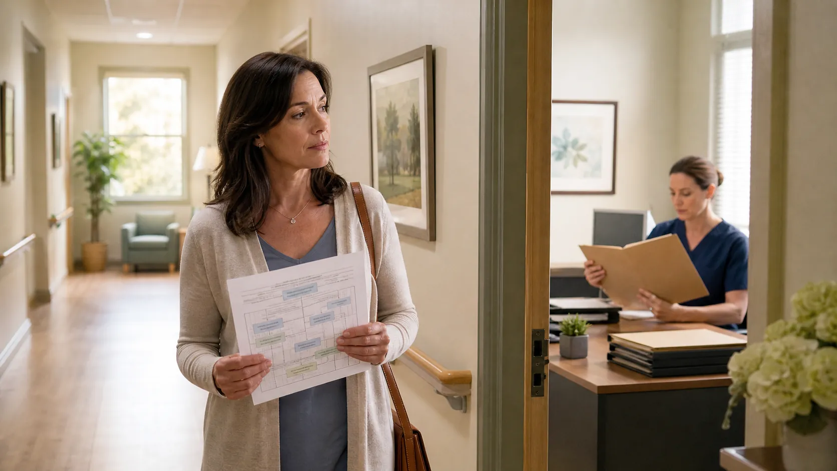 Adult daughter reviewing a care plan in a senior-care facility hallway while a nurse sits near an incident report folder