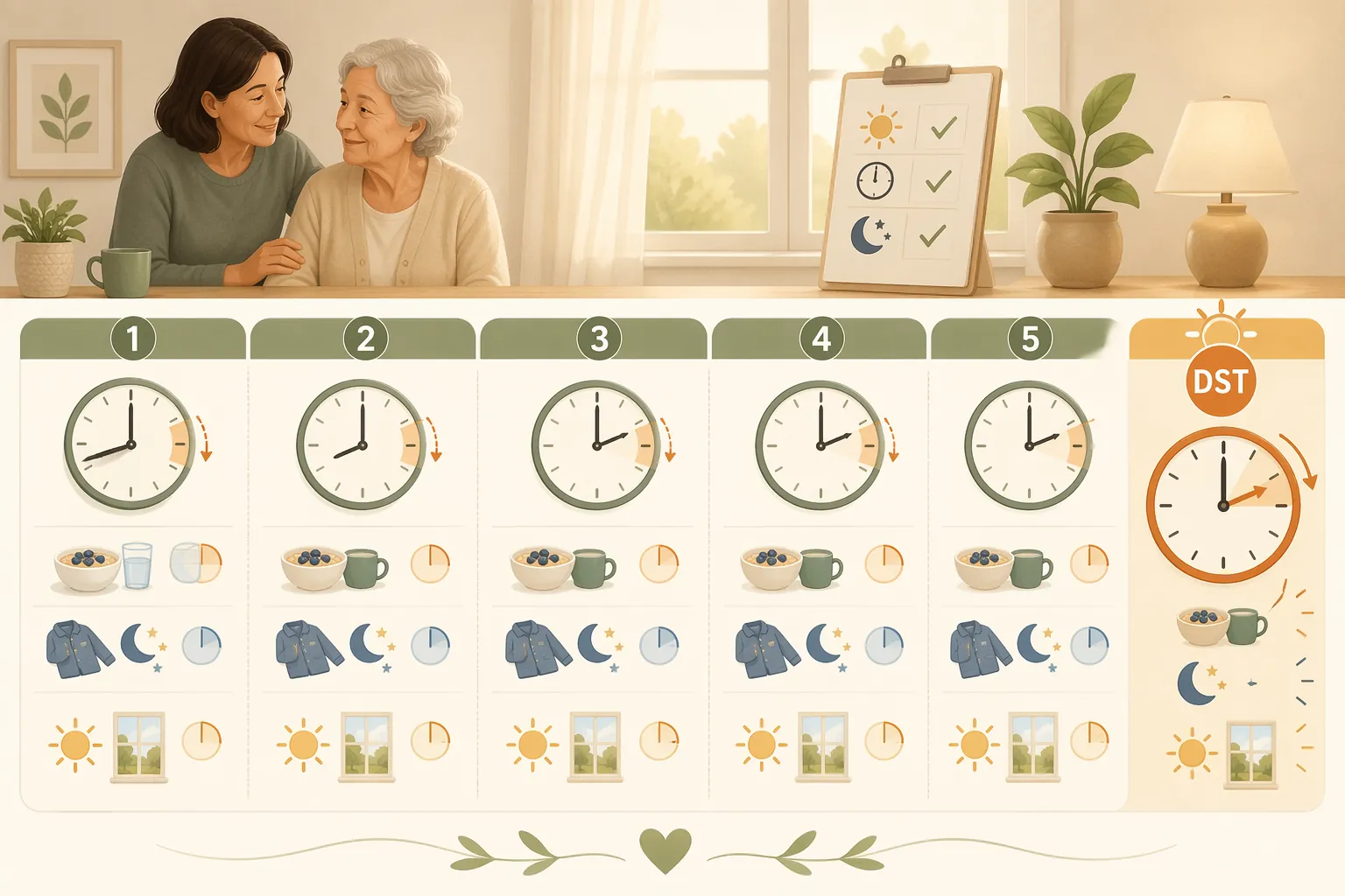 Five-day preparation timeline showing clocks gradually shifting with meal, bedtime, and light exposure icons