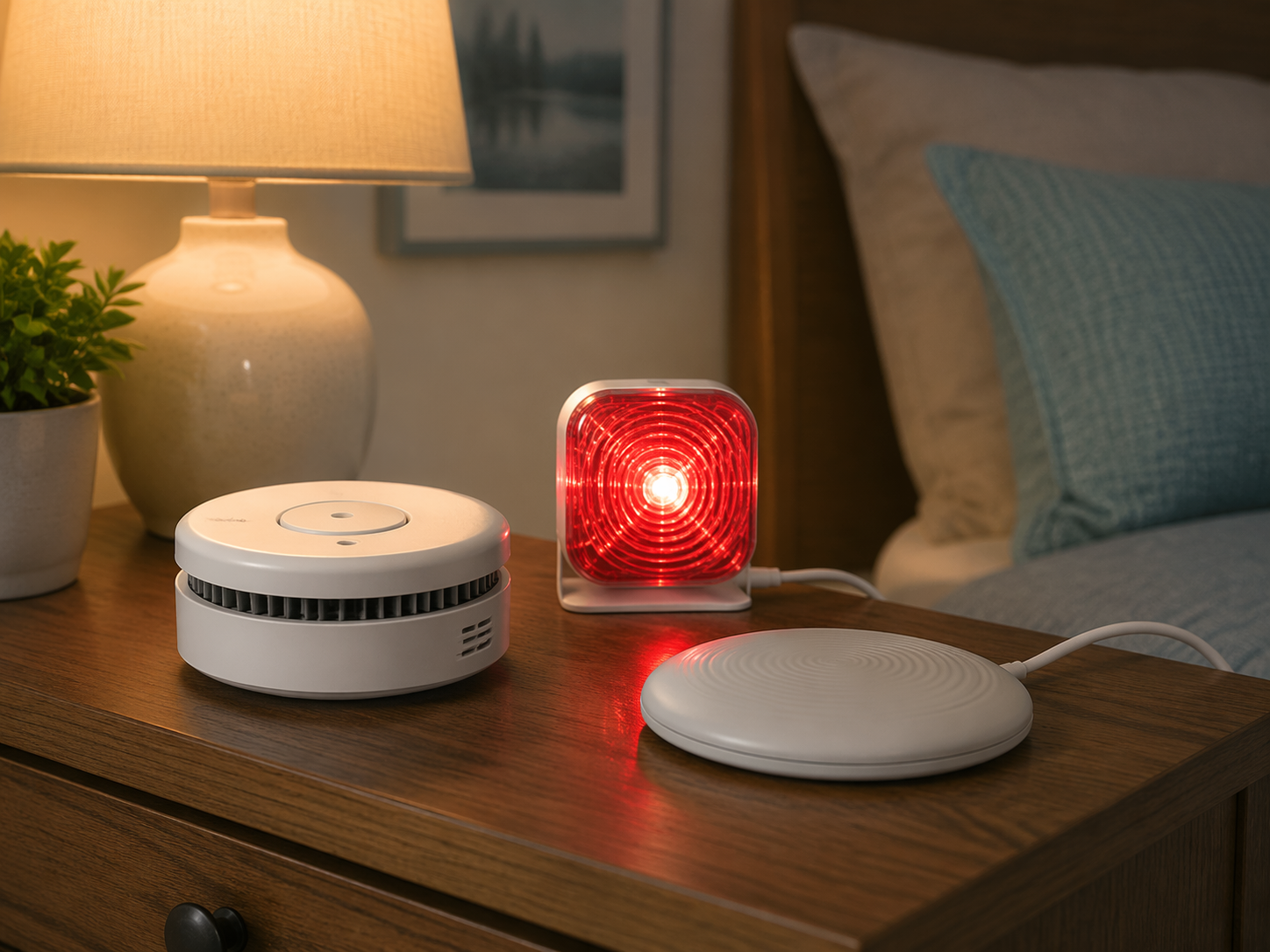 Adaptive smoke alarm devices on a bedside table